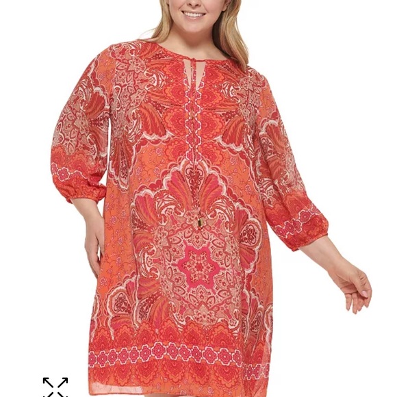 Plus Size Tie Neck Printed Dress - Picture 1 of 9